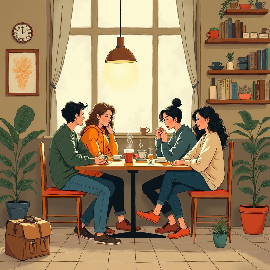Cozy Coffee Shop Friends in Warm Tones