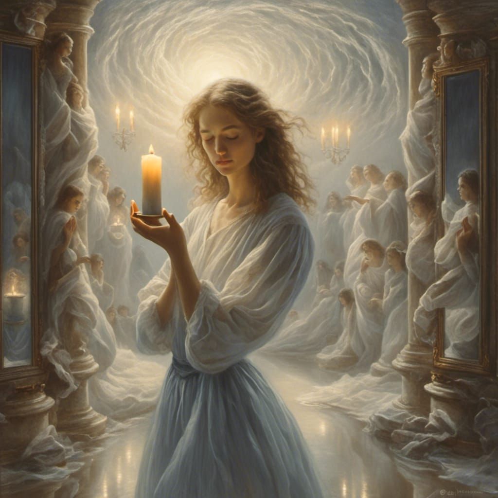 Surreal Reflection: Sleepwalking Woman with Candle