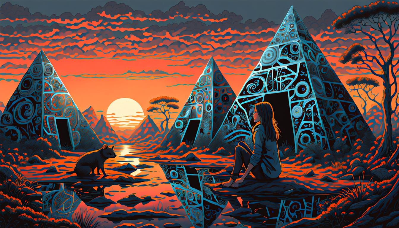 Mystical Woman Walking on Pyramids: Surreal Concept Art