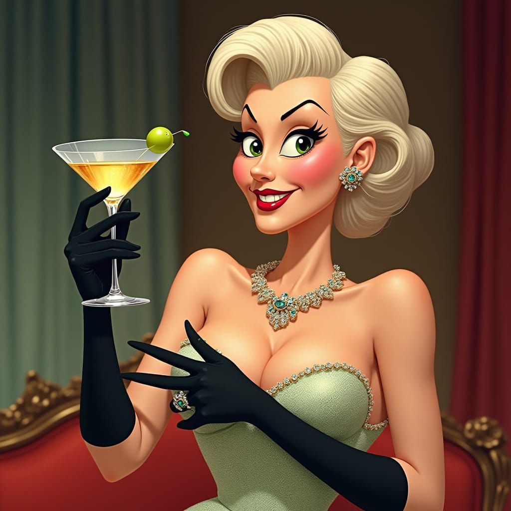 Glamorous Woman with Martini in Retro Cartoon Style