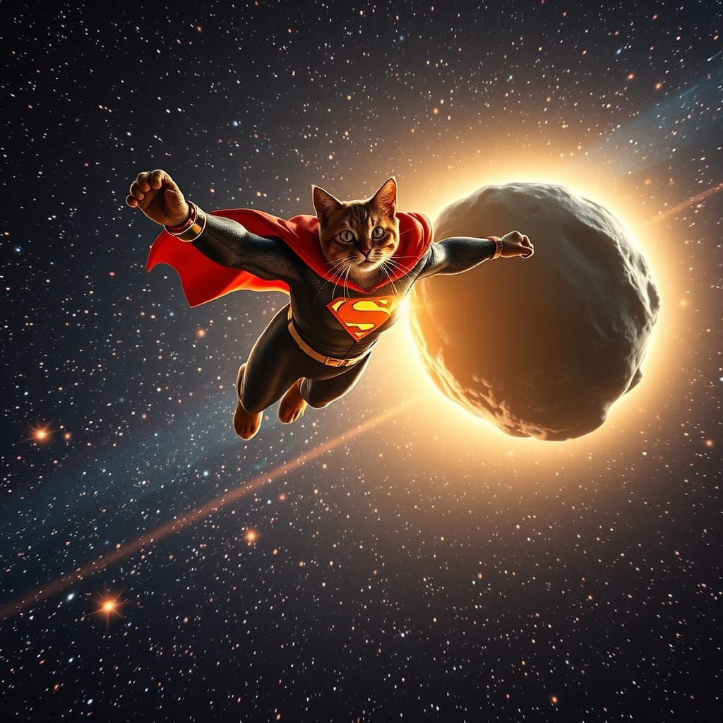 Supercat Deflects Asteroid in Hyper-Realistic Space Scene