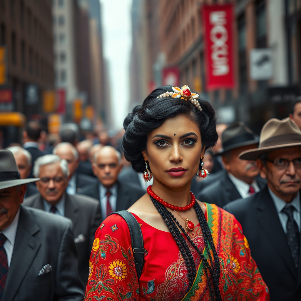 Colorful Woman in Grayscale Crowd: Cultural Pride