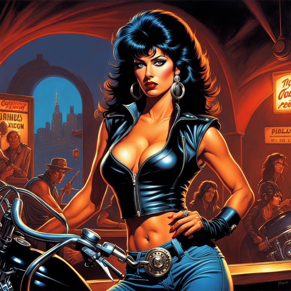 Hard Rock Biker Woman in 80s Comic Style