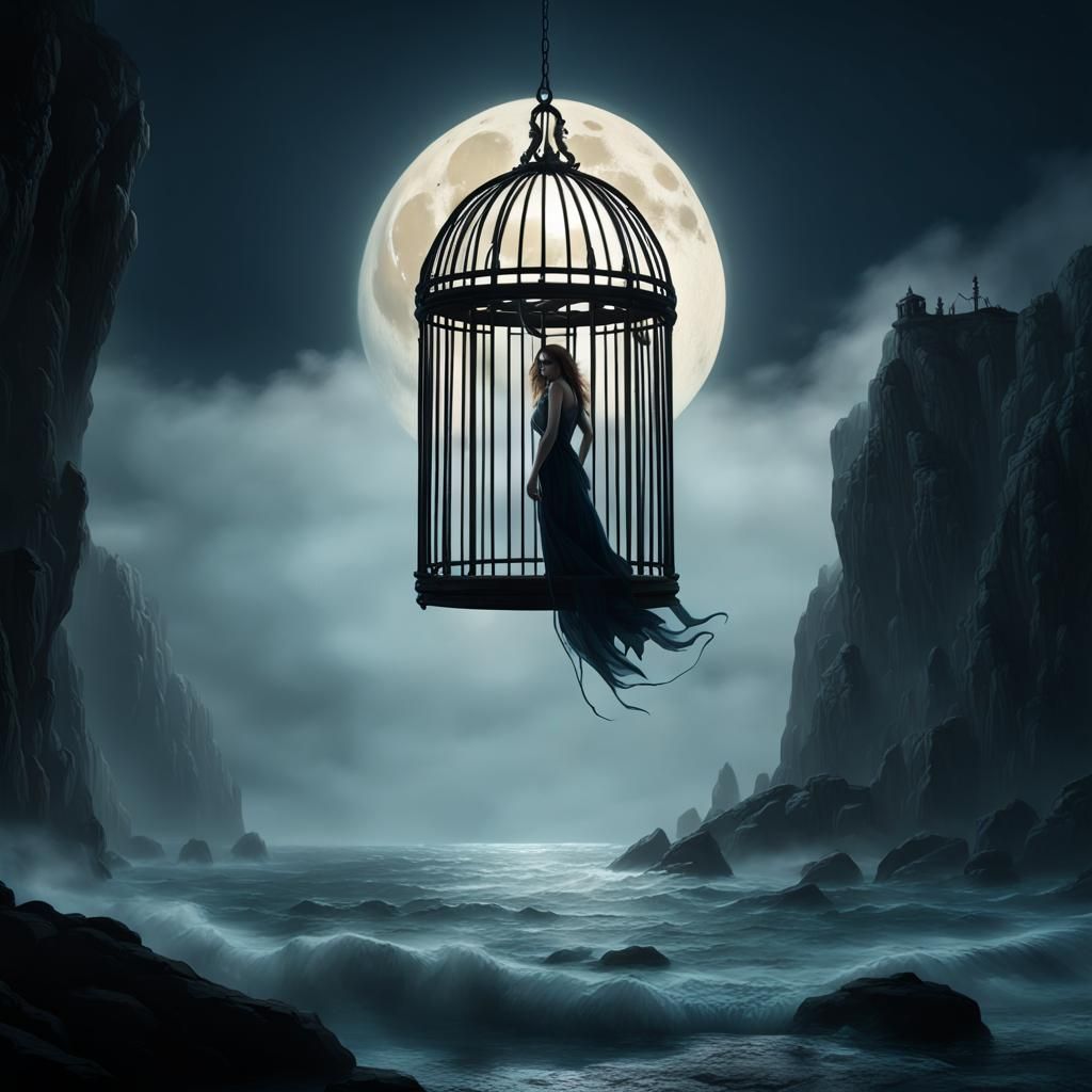 Surreal Woman in Cliffside Cage: Dark Fantasy Art