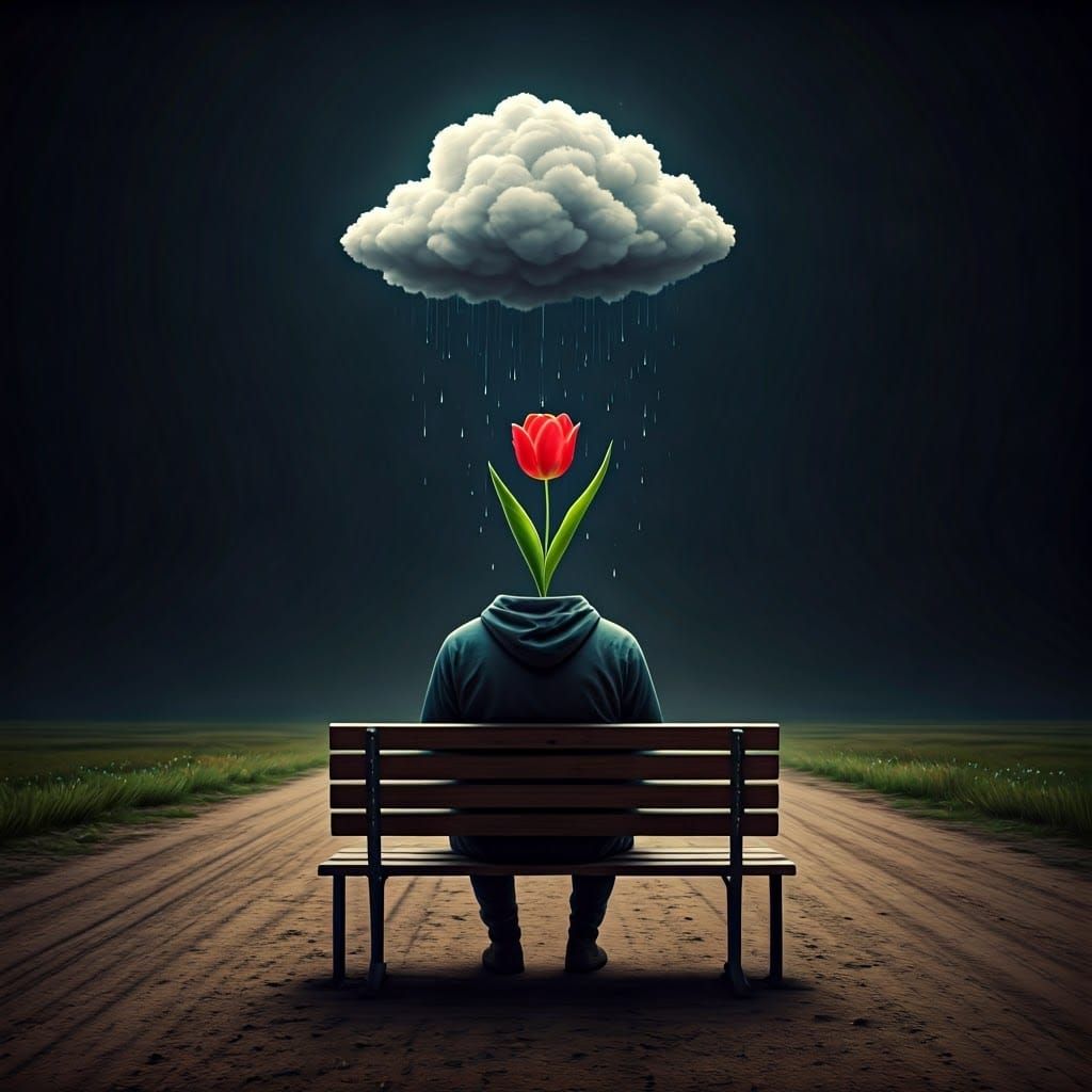 Man with Tulip Head in Dreamy Landscape