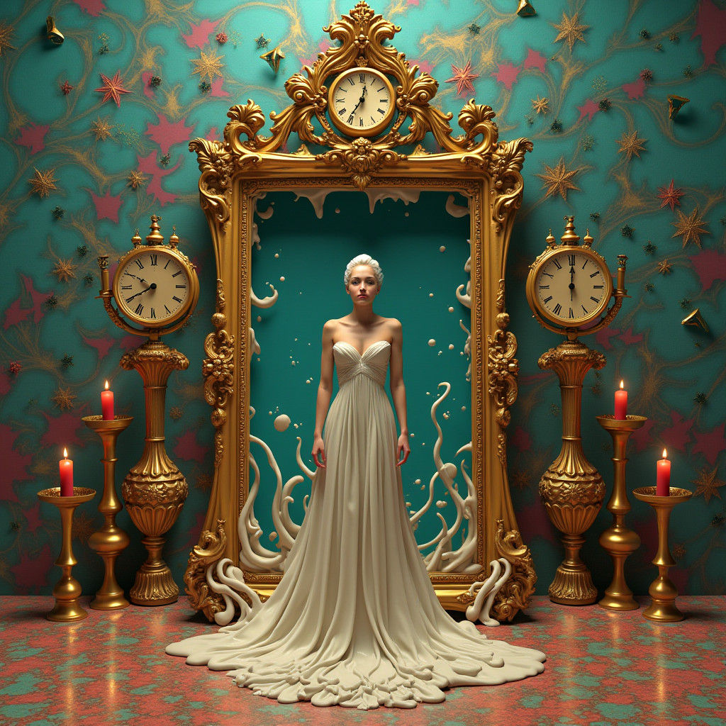 Surreal Melting Woman Emerges from Dreamscape Frame