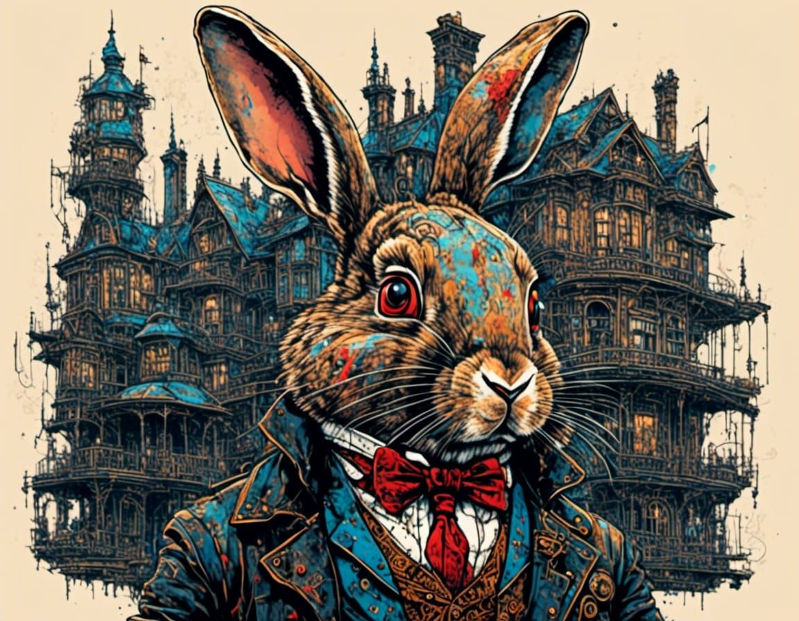 Cyberpunk Rabbit Portrait Before Steampunk Mansion