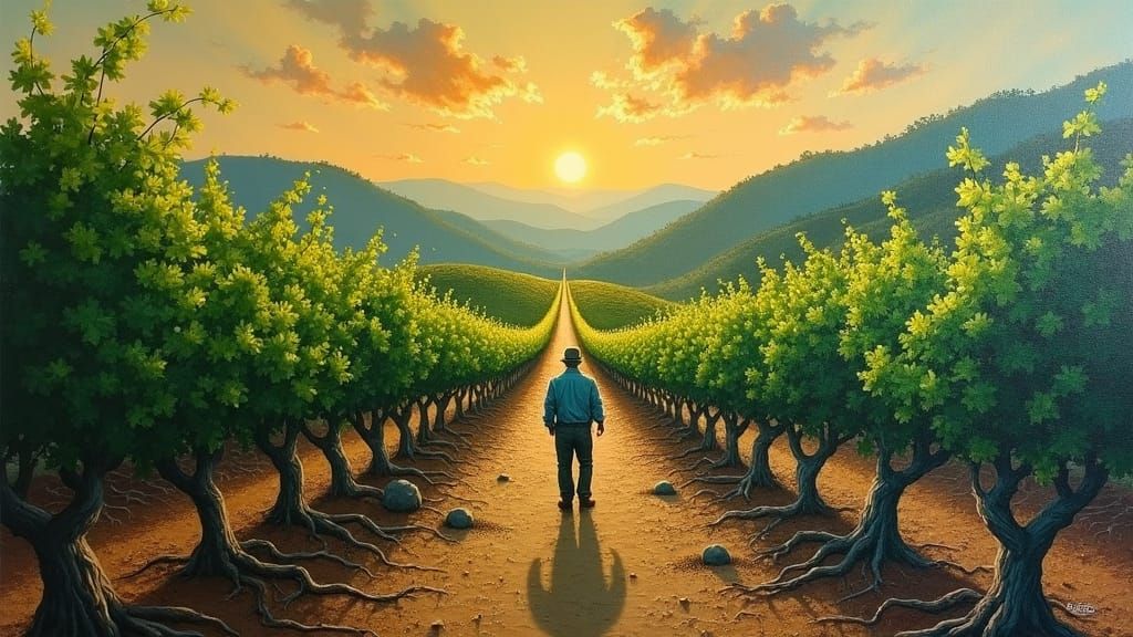 Surreal Vineyard Pruning in Melting Landscape