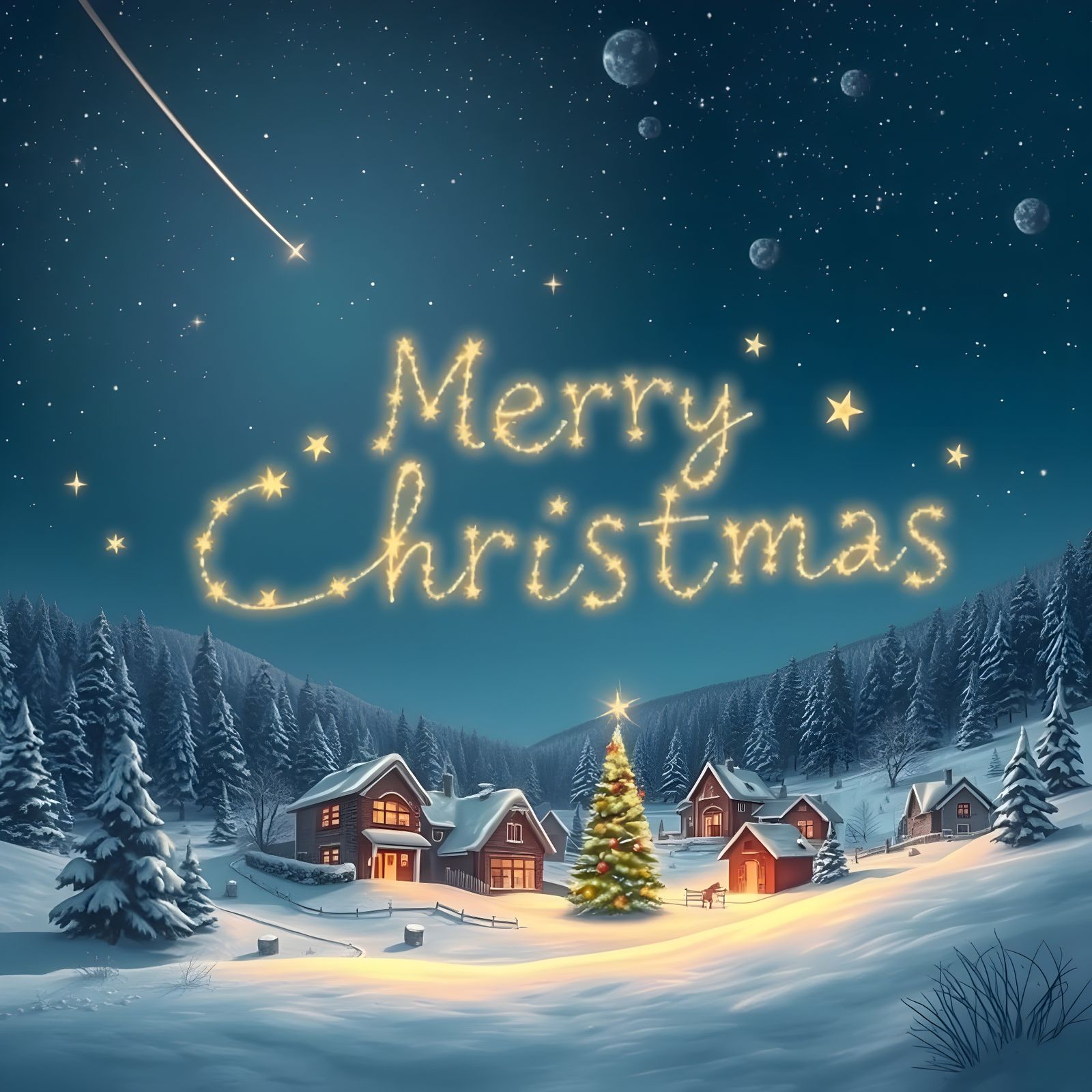 Winter Village Glimmers Under Starry Christmas Sky