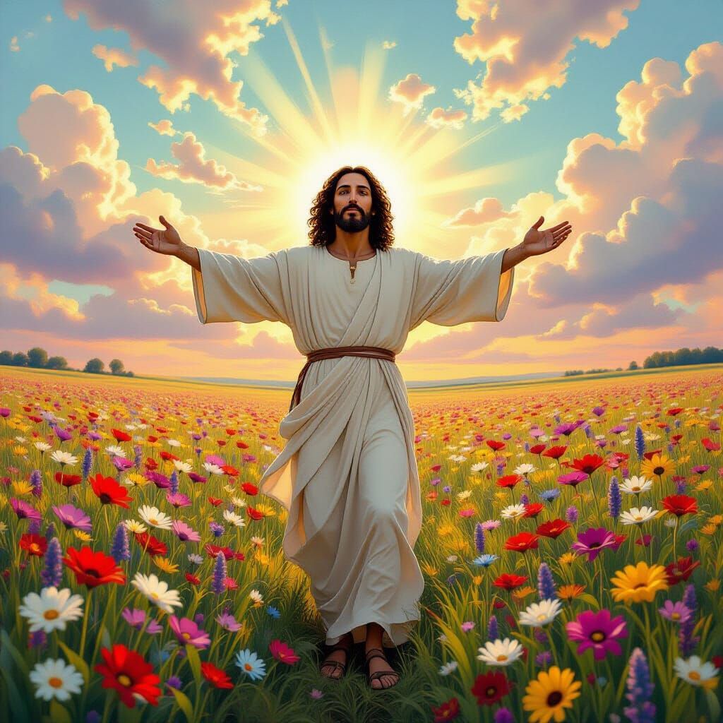 Jesus Christ in Wildflower Field, Psychedelic Sky