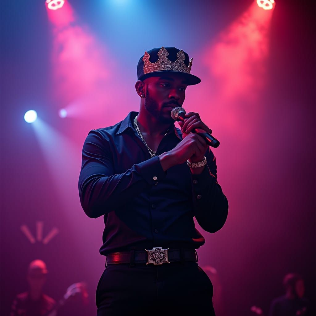 Urban Rapper in Regal Attire Performs on Stage