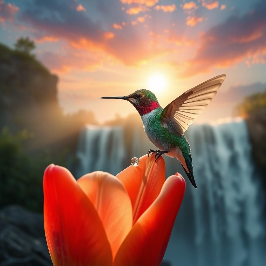 Emerald Hummingbird on Tulip Petals by Waterfall