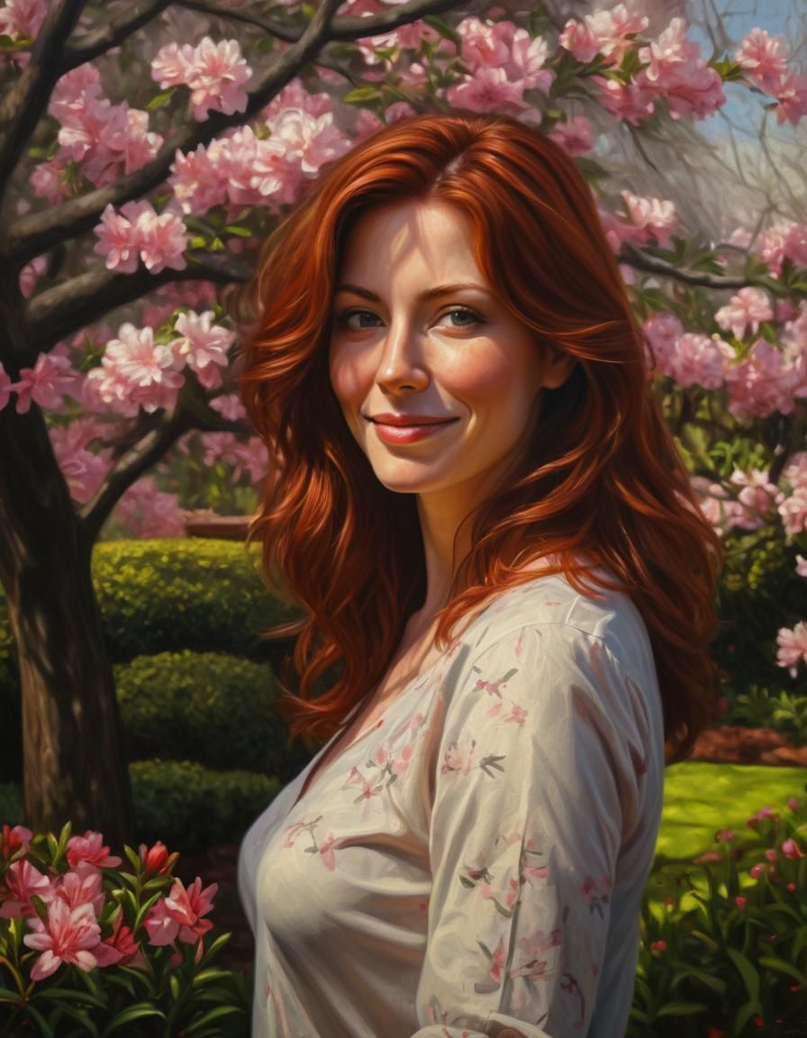 Auburn Woman in Garden: Chiaroscuro Oil Painting