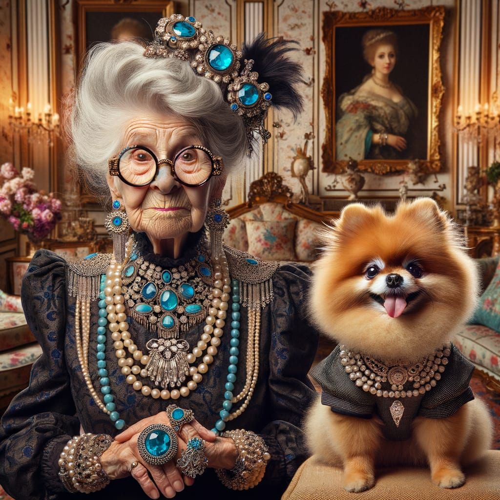 Elegant Elderly Woman and Pomeranian in Designer Outfits