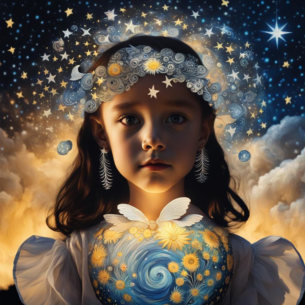 Surreal Sugar Skull Child's Drawing in Starry Night