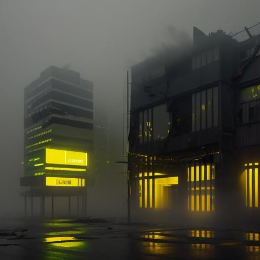 Neon Cityscape in Rain and Debris