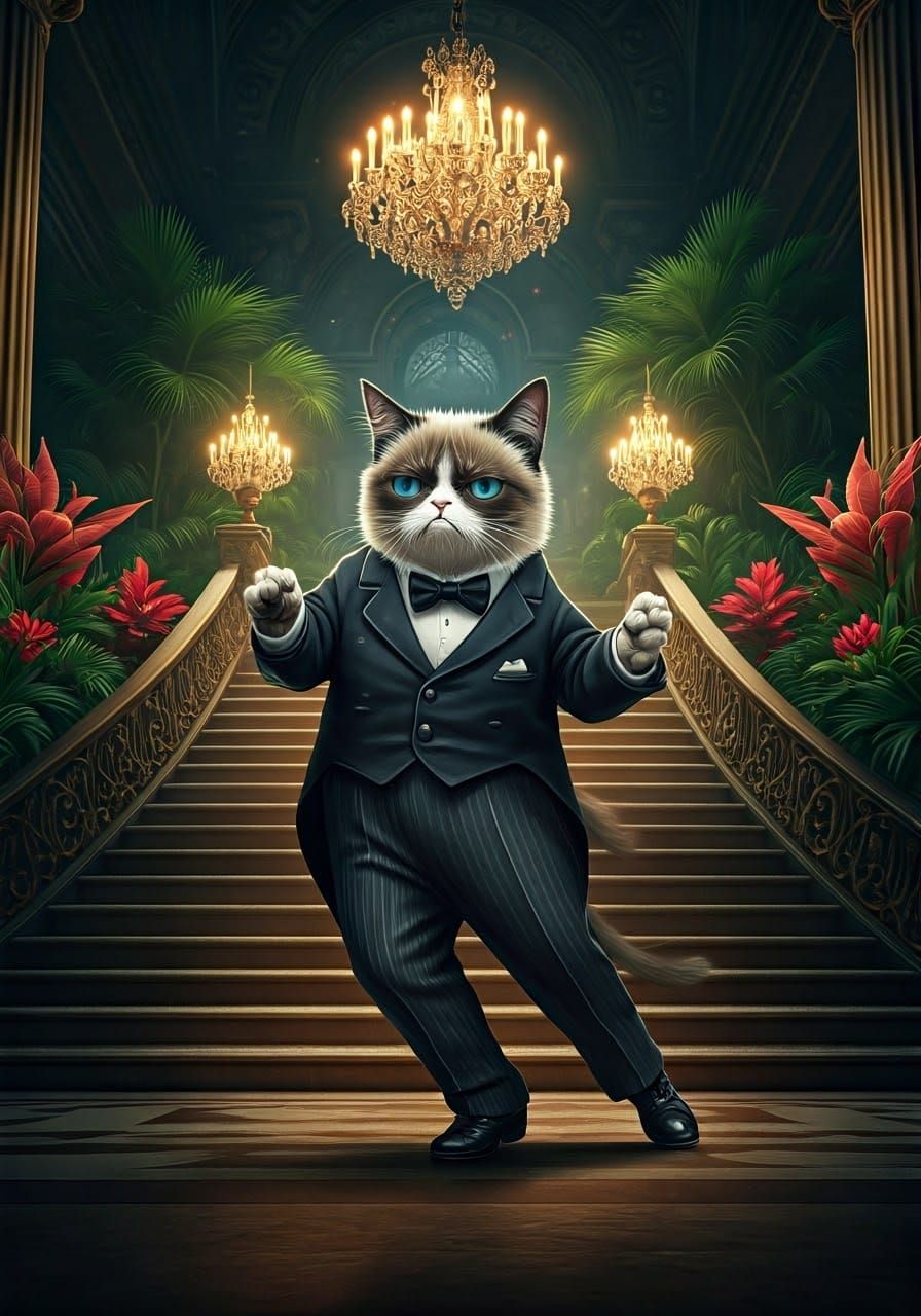 Dapper Grumpy Cat Enchants in Grand Ballroom Tango