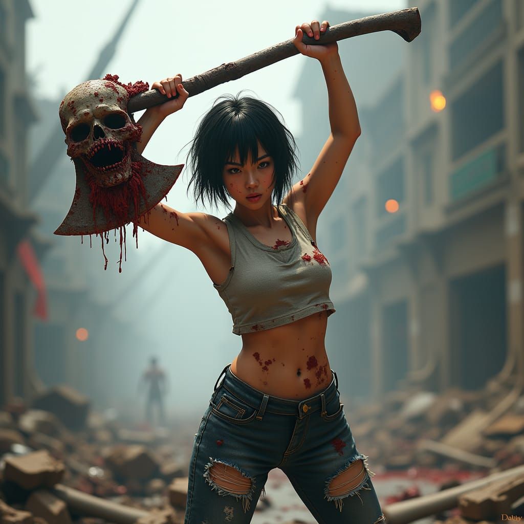 Zombie Slayer with Axe in Post-Apocalyptic Scene