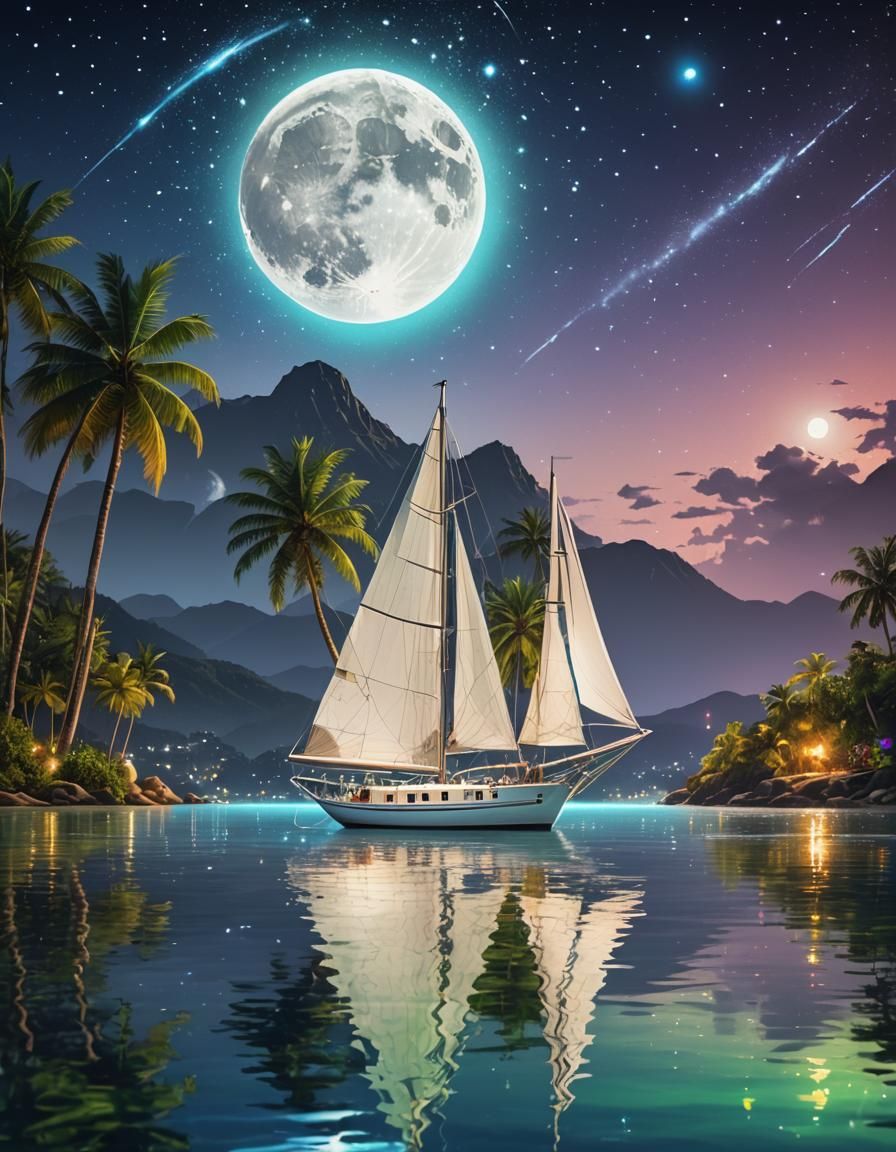 Neon Moonlit Sailboat Seascape in Hyperrealistic Style