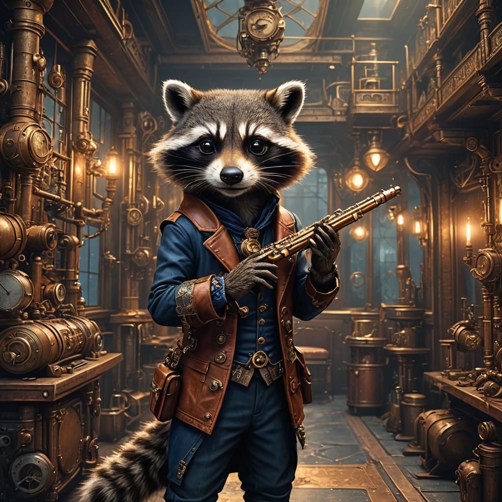 Steampunk Raccoon Flute Player in Detailed Room