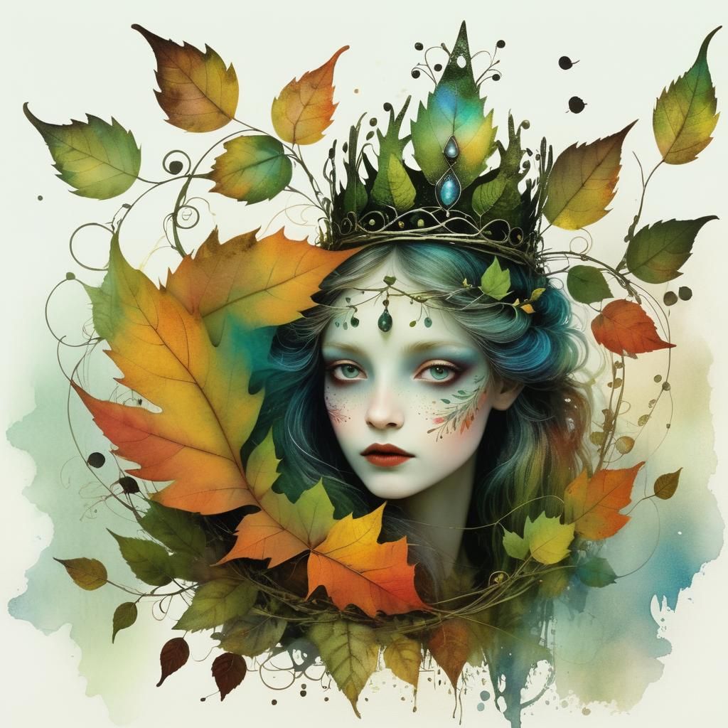 Mysterious Portrait with Leaf Crown in Dreamlike Style
