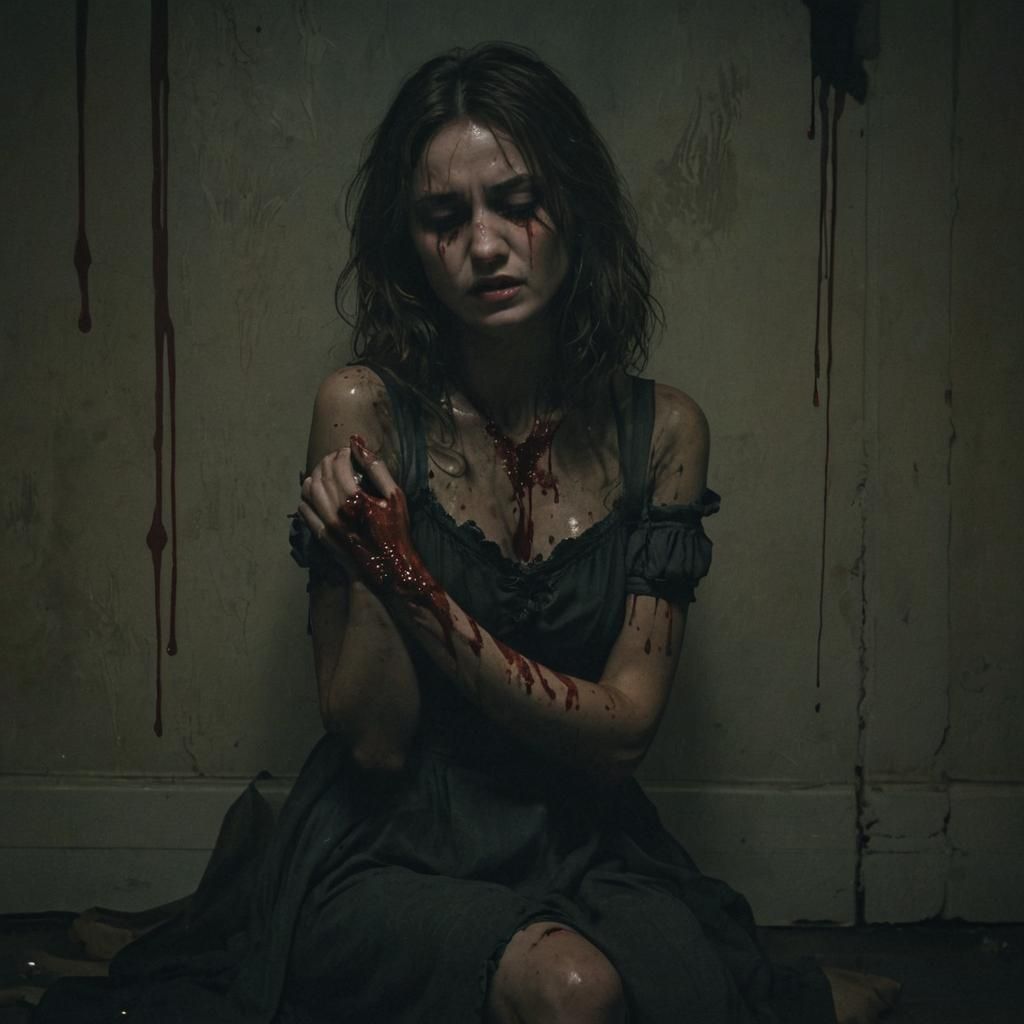 Dark Surrealist Art: Woman Cutting Wrists in Shadows