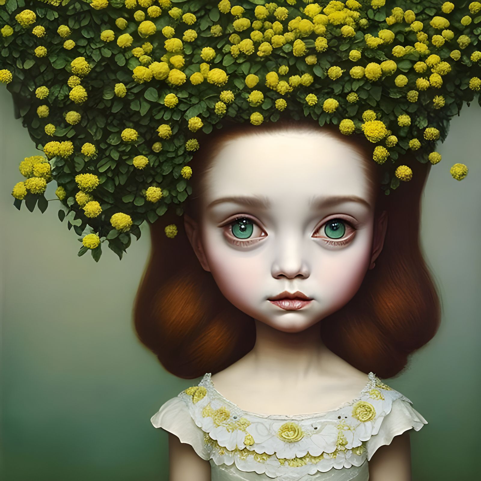 Girl Portrait with Yellow Flowers in Surreal Style
