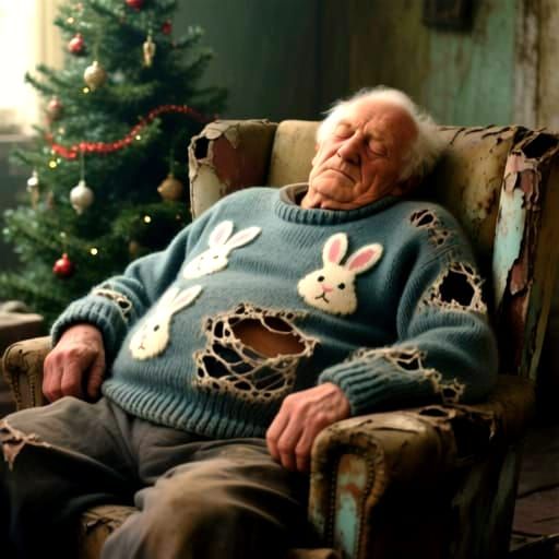 Elderly Man Sleeping in Old Chair with Bunny Sweater