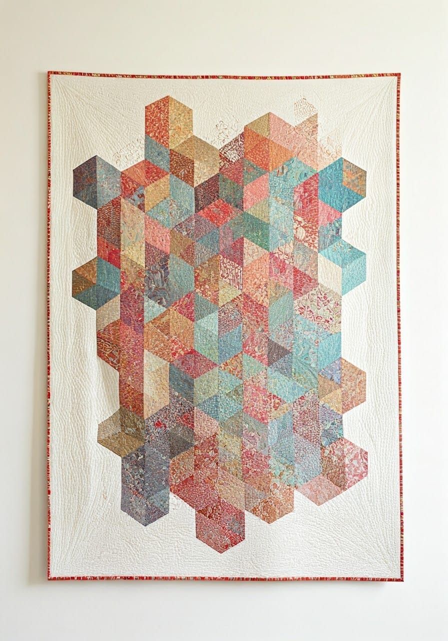 Vibrant Tumbling Cubes Quilt in Modern Textile Art Style