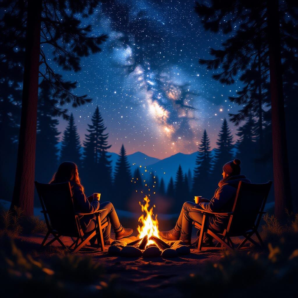 Cozy Forest Campfire Scene with Relaxed Figures
