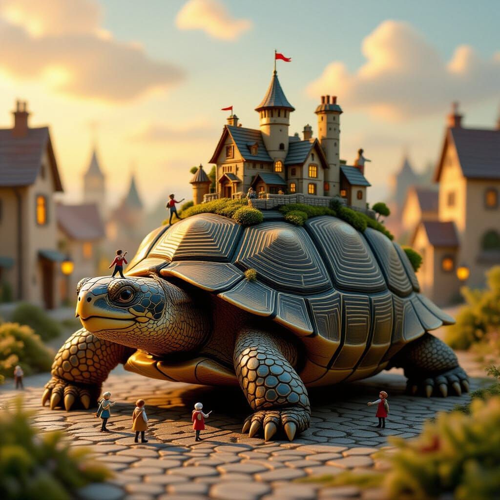 Miniature City on Giant Tortoise in Golden Sunset