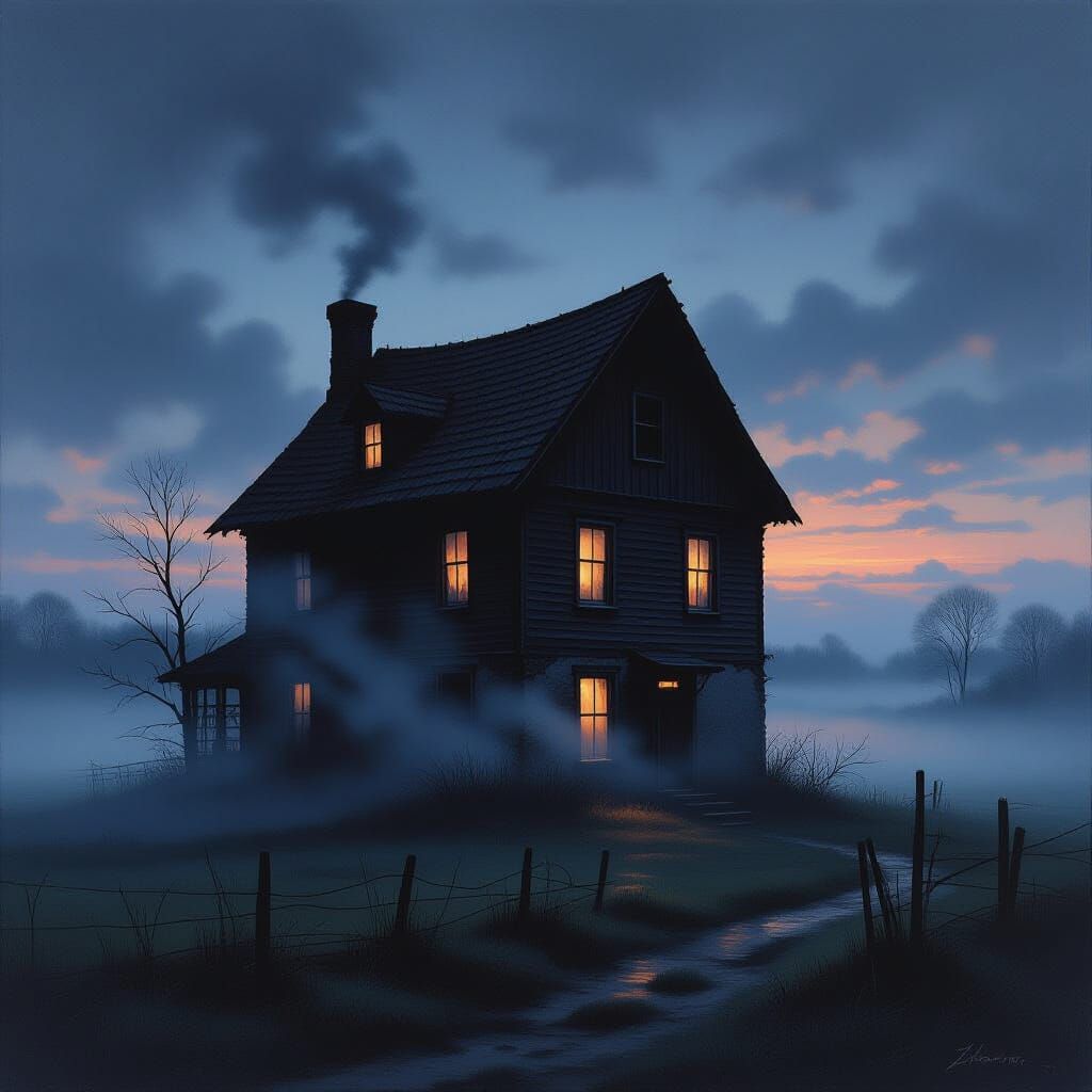 Ancient Farmhouse Silhouette in Twilight Fog