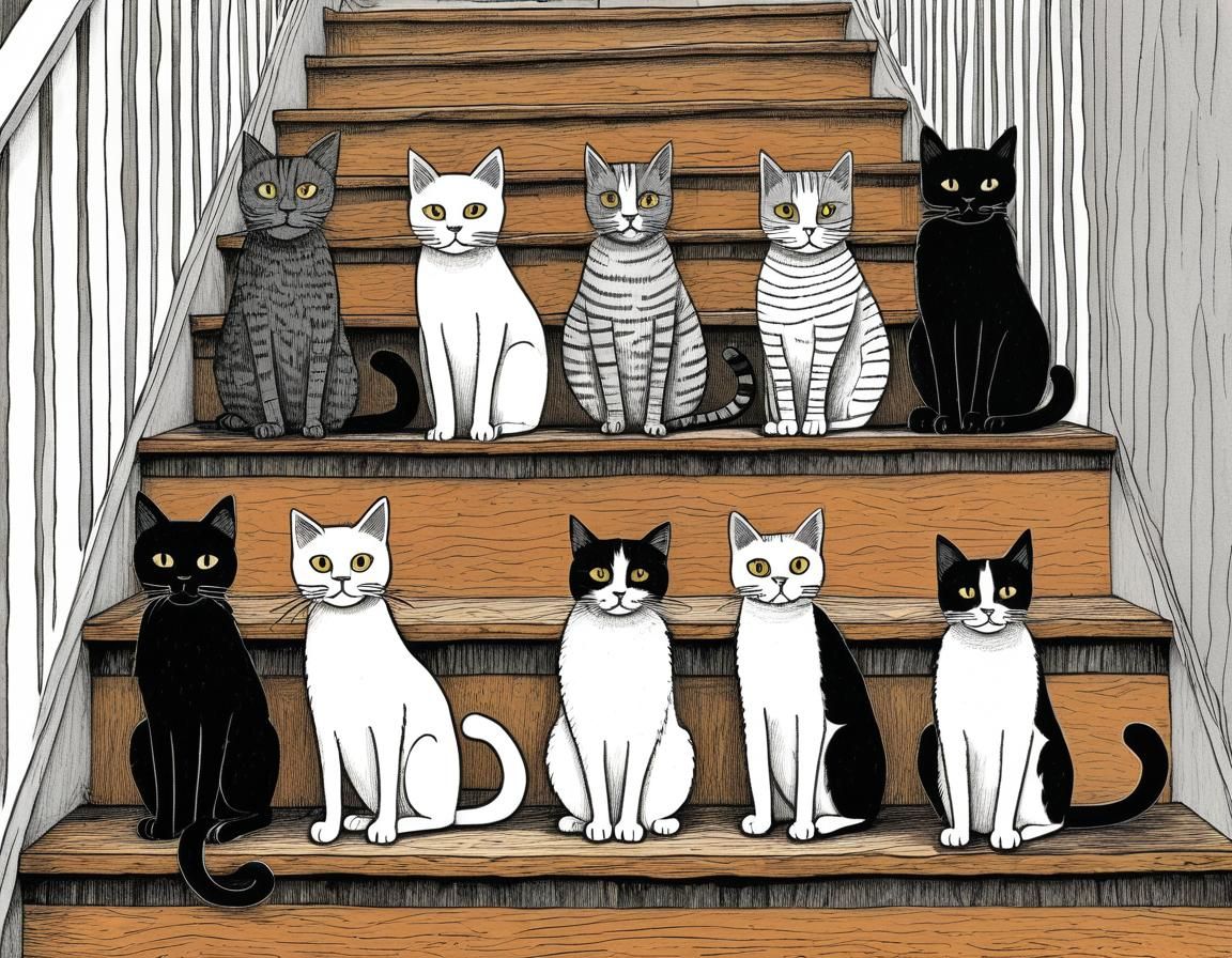 Cats on Stairs in Edward Gorey Style