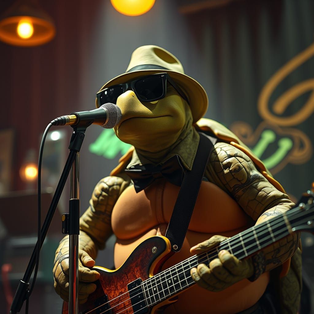 Turtle Crooner in Hyperrealistic Lounge Scene