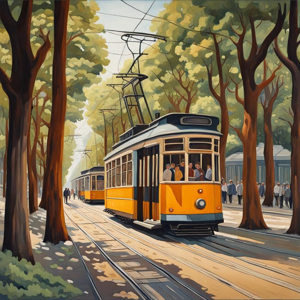 Crowded Tram Through City Trees: Gouache Painting