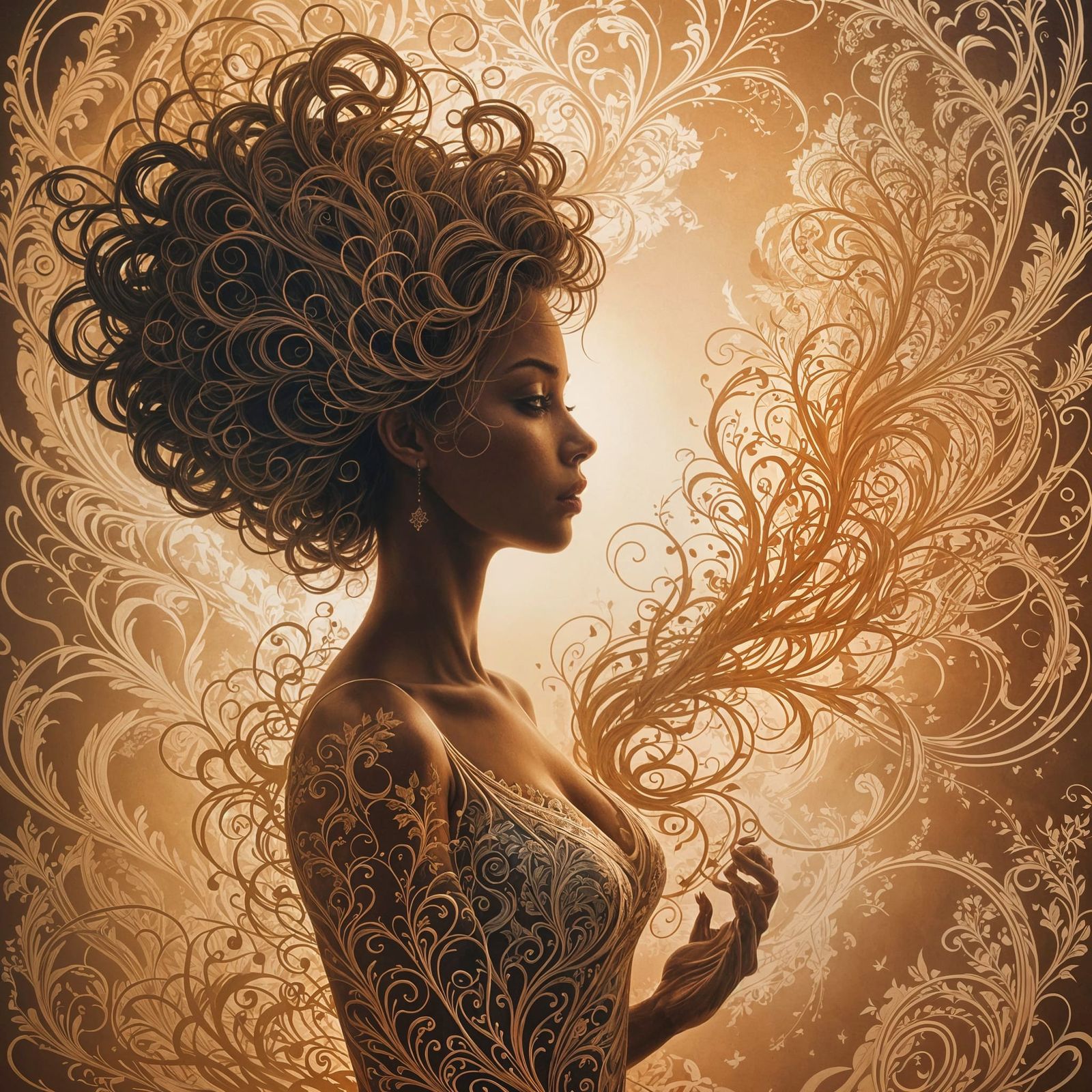 Dreamlike Woman Silhouette in Steam Arabesques