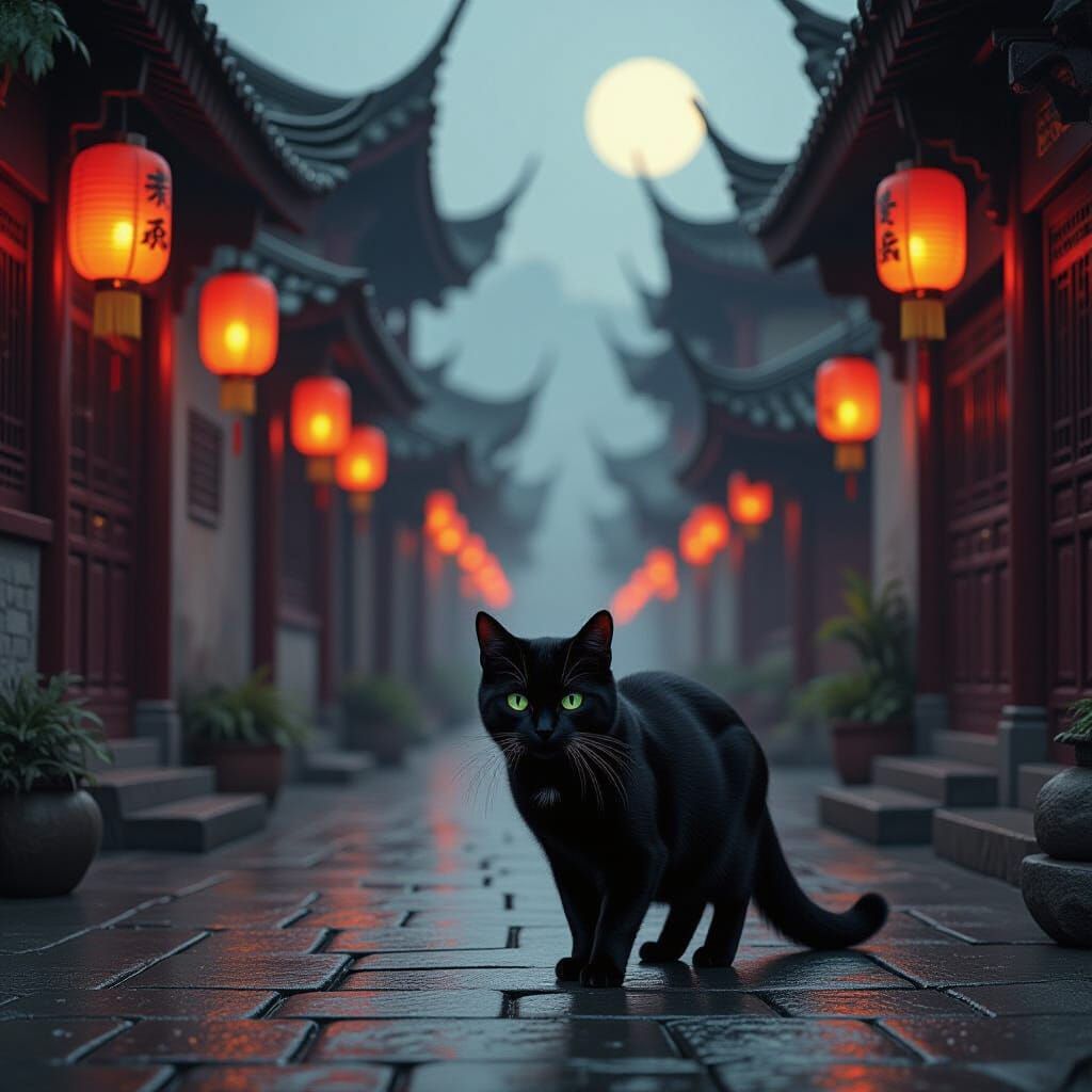 Black Cat Wanders Ancient China Streets in Dramatic Light