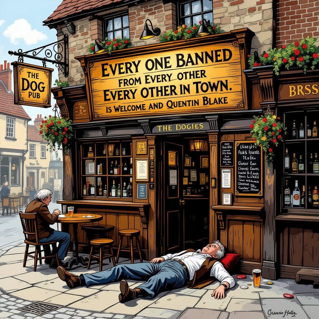 Cozy Old English Pub with Humorous Sign