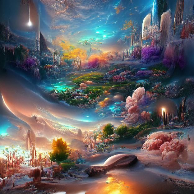Iridescent Sci-Fi Zen Garden Under Cosmic Sky