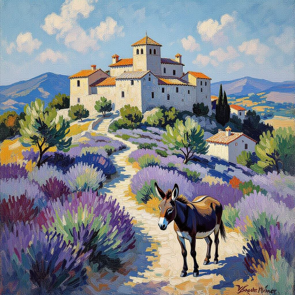 Mont Ventoux with Donkey in Pointillist Style