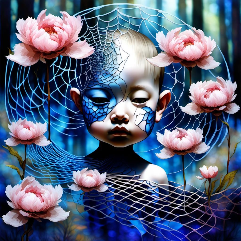 Toddler Dances with Heron in Op Art Peony Garden