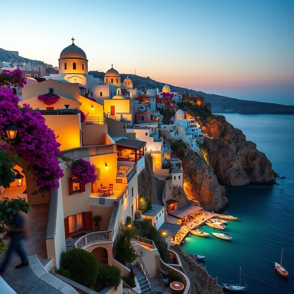 Santorini-Inspired Cliffside Village at Sunset