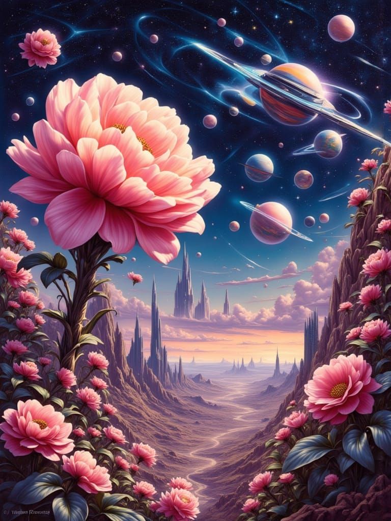 Cosmic Flowers Bloom in Retro-Futuristic Outer Space
