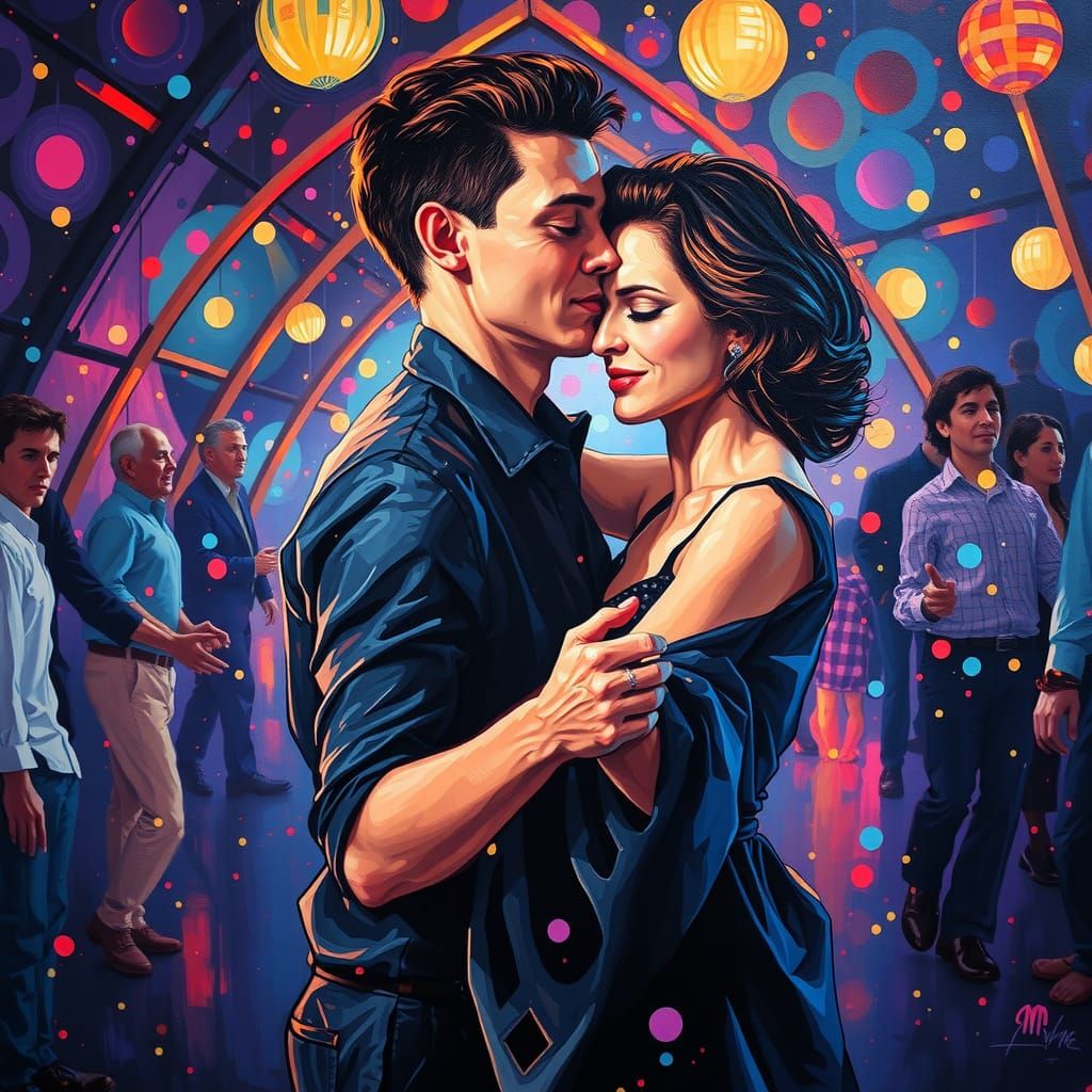 Joyful Couple Dancing: Pointillist Oil Painting
