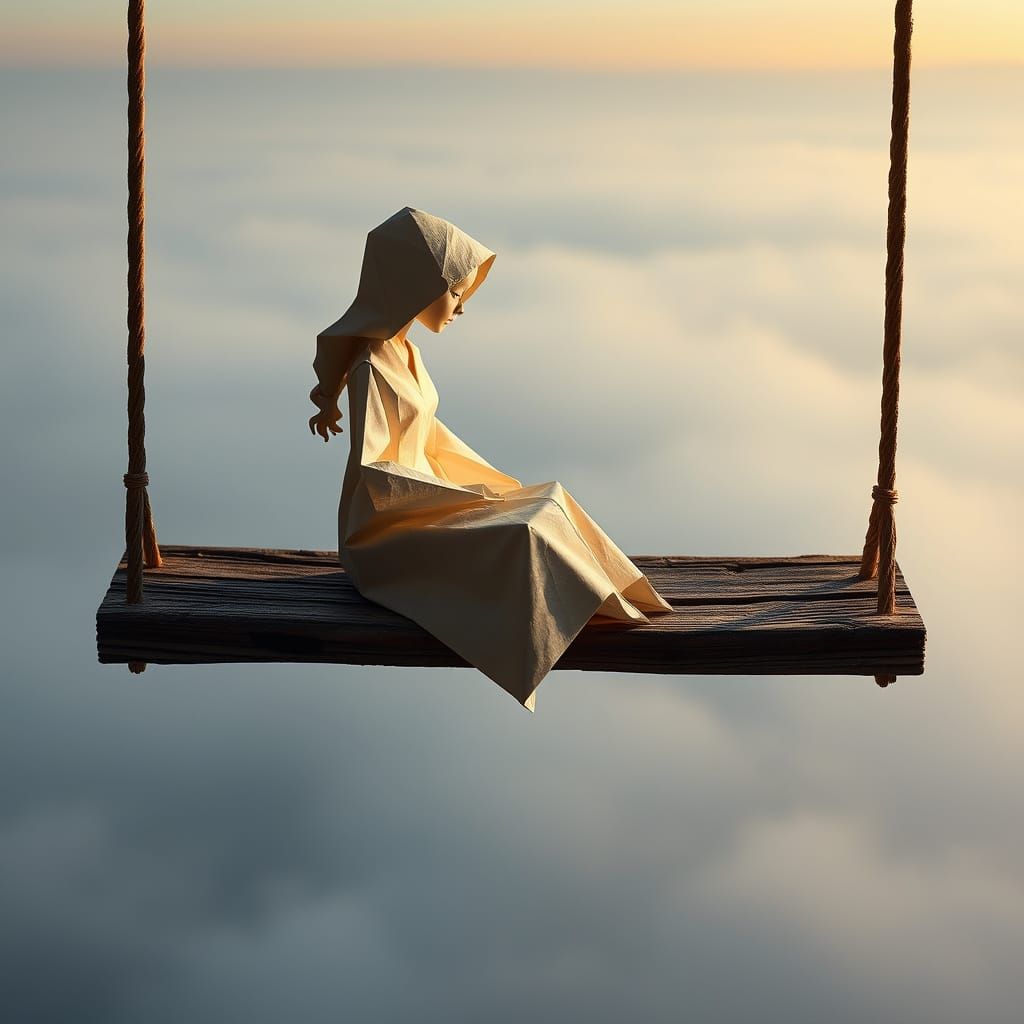 Origami Girl on Weathered Swing Above Endless Abyss
