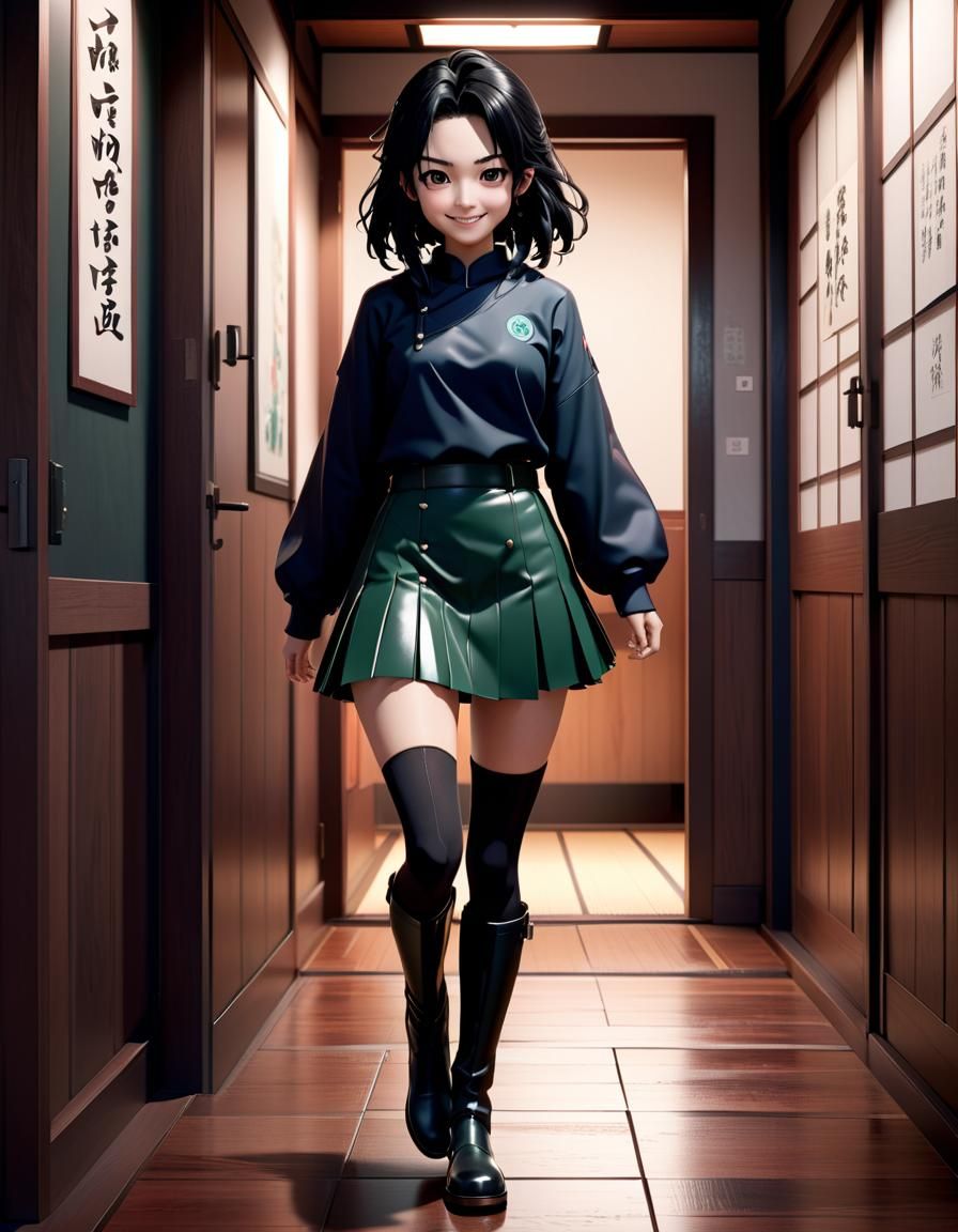 A voluptuous Tanjiro Kamado, Smiling, with short skirt and k...