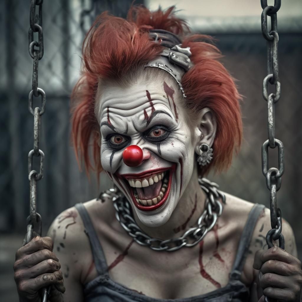 Hyperrealistic Zombie Monkey Clown Prisoner on Chain Gang