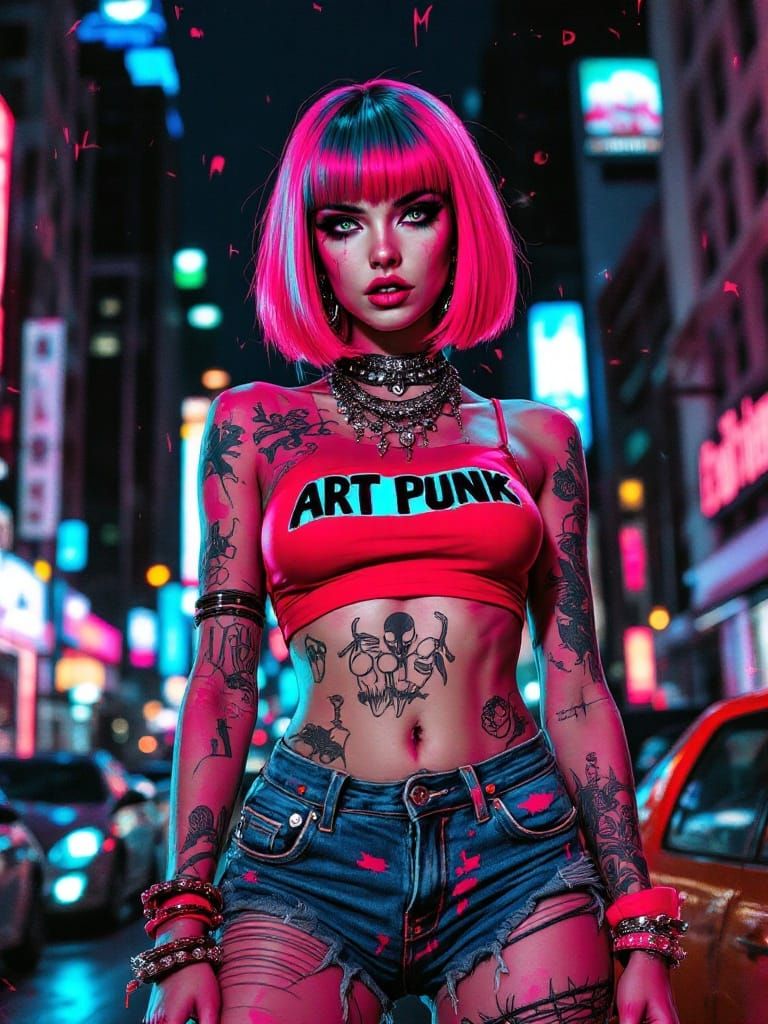 Rebellious Punk Icon in Neon-Haired Fury