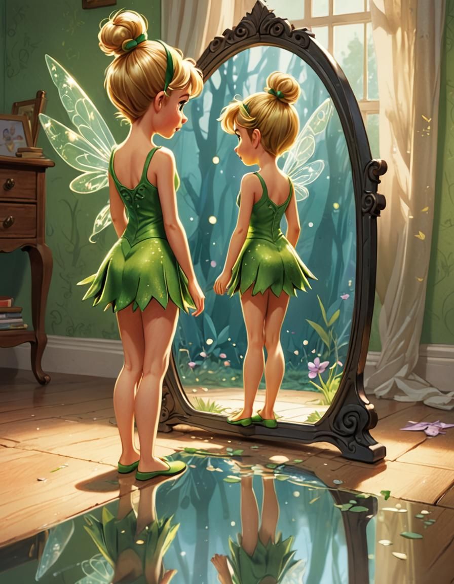 Tinkerbell Admiring Reflection: 2D Cartoon Drawing