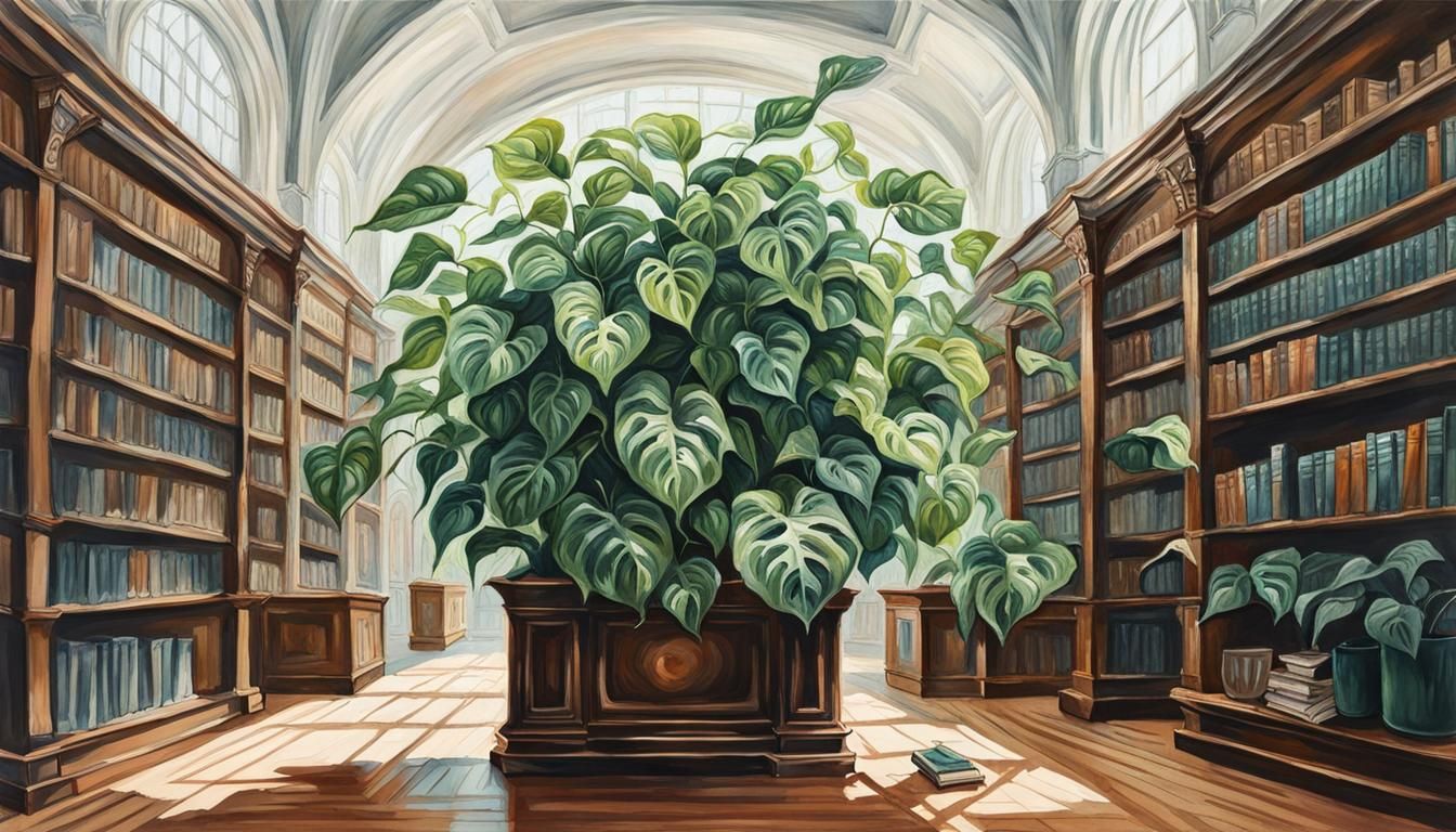 Pothos Plant Invasion: A Gouache Impressionist Library